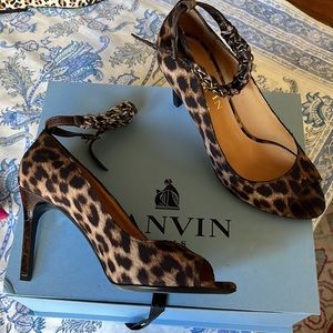 Lanvin cheetah peep toe strap pumps